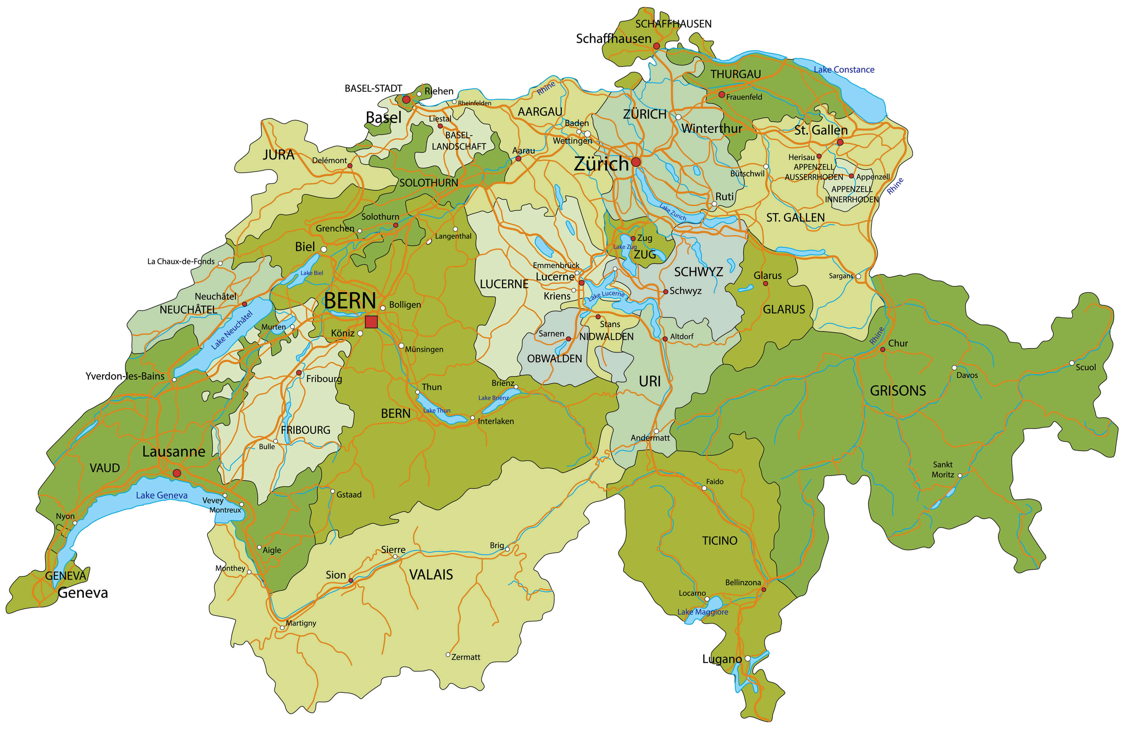 Detailed Switzerland Cantons Map